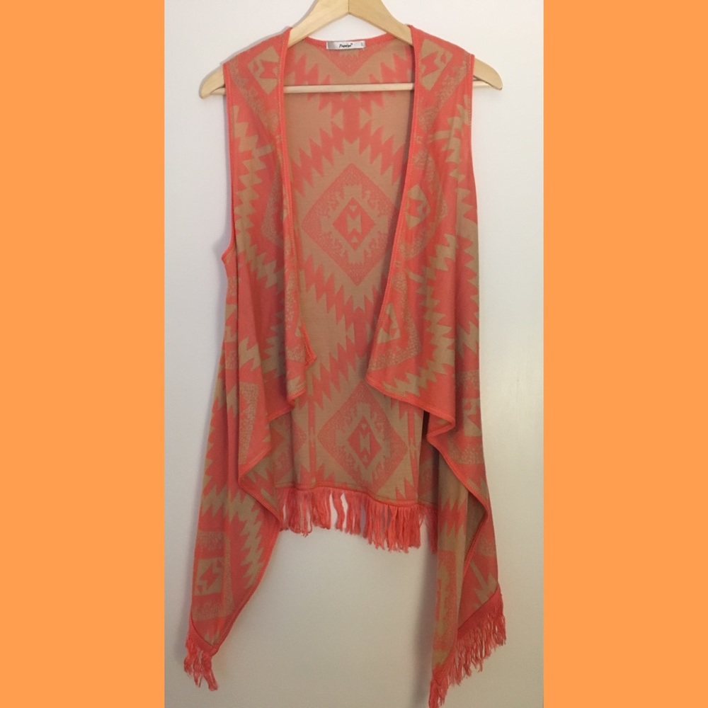 Papaya Aztec Print Wrap with Fringe